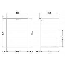 Natural Oak 400mm Wall Hung Full Depth 1 Door Vanity Unit with Basin - Technical Drawing