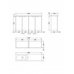 Natural Oak 1000mm Slimline 4 Door Vanity Storage Unit with Basin - Technical Drawing
