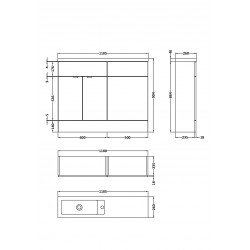 Gloss Grey Mist 1100mm Slimline Combination 2 Door Vanity & Toilet Unit with Basin - Technical Drawing