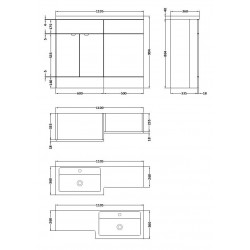 Gloss Grey Mist 1100mm Full Depth Combination 2 Door Vanity & Toilet Unit with Left Hand Basin - Technical Drawing