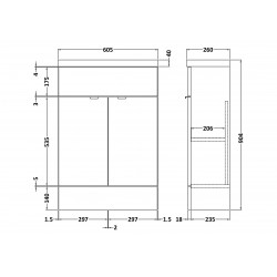 Gloss Grey Mist 600mm Slimline 2 Door Vanity Unit with Basin - Technical Drawing