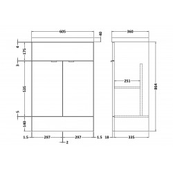 Gloss Grey Mist 600mm Full Depth 2 Door Vanity Unit with Basin - Technical Drawing