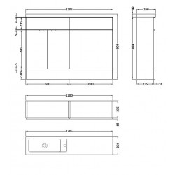 Gloss Grey Mist 1200mm Slimline Combination 2 Door Vanity & Toilet Unit with Basin - Technical Drawing