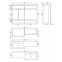 Gloss Grey Mist 1200mm Full Depth Combination 2 Door Vanity & Toilet Unit with Left Hand Basin - Technical Drawing