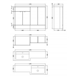 Gloss Grey Mist 1200mm Full Depth 4 Door Vanity Storage Unit with Left Hand Basin - Technical Drawing