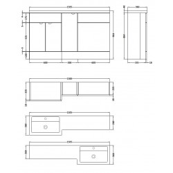 Gloss Grey Mist 1500mm Full Depth Combination 3 Door Vanity Storage & Toilet Unit with Left Hand Basin - Technical Drawing
