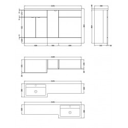 Gloss Grey Mist 1500mm Full Depth Combination 3 Door Vanity Storage & Toilet Unit with Right Hand Basin - Technical Drawing