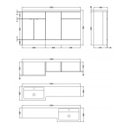 Gloss Grey Mist 1500mm Full Depth Combination 3 Door Vanity Storage & Toilet Unit with Left Hand Basin - Technical Drawing