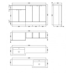 Gloss Grey Mist 1500mm Full Depth Combination 5 Door Vanity Storage Unit with Right Hand Basin - Technical Drawing