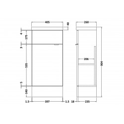 Gloss Grey Mist 400mm Slimline 1 Door Vanity Unit with Basin - Technical Drawing
