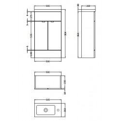 Gloss Grey Mist 500mm Slimline 2 Door Vanity Unit with Basin - Technical Drawing