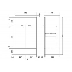 Gloss Grey Mist 500mm Full Depth 2 Door Vanity Unit with Basin - Technical Drawing