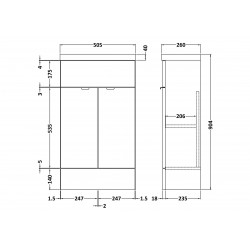 Gloss Grey Mist 1200mm Slimline 4 Door Vanity Storage Unit with Basin - Technical Drawing