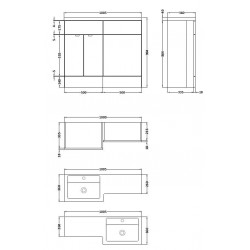 Gloss Grey Mist 1000mm Full Depth Combination 2 Door Vanity & Toilet Unit with Right Hand Basin - Technical Drawing