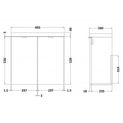Gloss Grey Mist 600mm Wall Hung Slimline 2 Door Vanity Unit with Basin - Technical Drawing