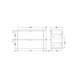 Gloss Grey Mist 800mm Wall Hung Full Depth 2 Drawer Vanity Unit with Basin - Technical Drawing