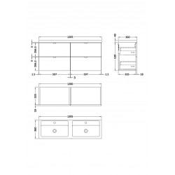 Gloss Grey Mist 1200mm Wall Hung Full Depth 4 Drawer Vanity Unit with Double Basin - Technical Drawing