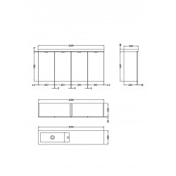 Gloss Grey Mist 1200mm Wall Hung Slimline 4 Door Vanity Unit with Basin - Technical Drawing