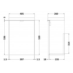Gloss Grey Mist 400mm Wall Hung Slimline 1 Door Vanity Unit with Basin - Technical Drawing