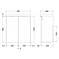 Gloss Grey Mist 500mm Wall Hung Slimline 2 Door Vanity Unit with Basin - Technical Drawing