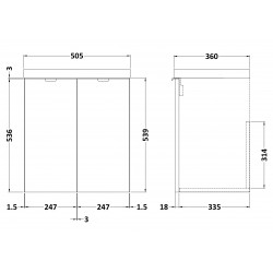Gloss Grey Mist 500mm Wall Hung Full Depth 2 Door Vanity Unit with Basin - Technical Drawing