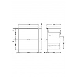 Gloss Grey Mist 500mm Wall Hung Full Depth 2 Drawer Vanity Unit with Basin - Technical Drawing