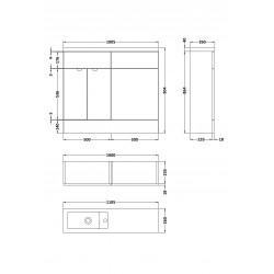 Gloss Grey Mist 1000mm Slimline Combination 2 Door Vanity & Toilet Unit with Basin - Technical Drawing