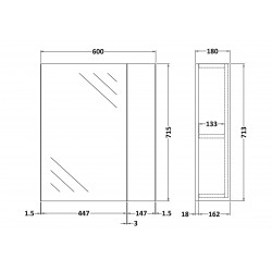 Fusion Natural Oak 600mm 2 Door with 75/25 Split Mirror Unit - Technical Drawing