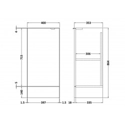 Natural Oak 400mm 1 Door Full Depth Base Unit - Technical Drawing