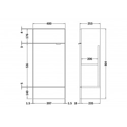 Gloss Grey Mist 400mm Slimline 1 Door Vanity Unit - Technical Drawing