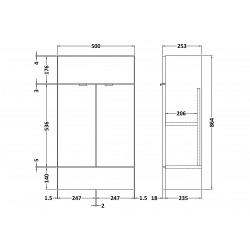 Gloss Grey Mist 500mm Slimline 2 Door Vanity Unit - Technical Drawing