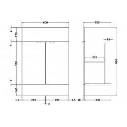 Gloss Grey Mist 600mm 2 Door Vanity Unit - Technical Drawing