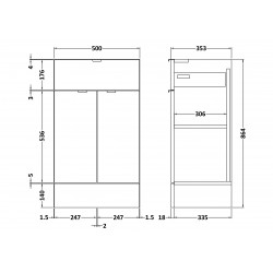 Gloss Grey Mist 500mm 2 Door 1 Drawer Line Base Unit - Technical Drawing