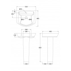 Maya 550mm Basin with 1 Tap Hole and Full Pedestal - Technical Drawing