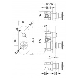 Revolution Push Button Shower Valve with 1 Outlet - Technical Drawing