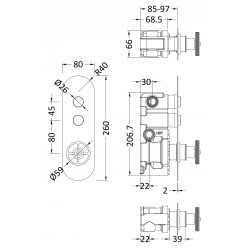Revolution Push Button Shower Valve with 2 Outlets - Technical Drawing