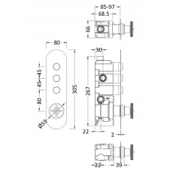 Revolution Push Button Shower Valve with 3 Outlets - Technical Drawing