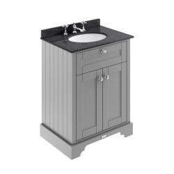 Old London Storm Grey 600mm 2 Door Vanity Unit with Black Marble Top and Basin with 3 Tap Holes - Main