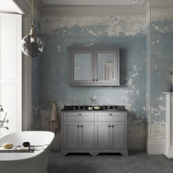 Old London 1200mm 4 Door Vanity Unit with Black Marble Top and Double 3 Tap Hole Basins - Storm Grey
