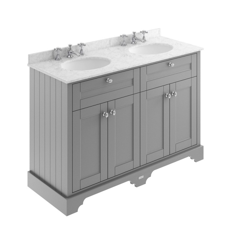 Old London Storm Grey 1200mm 4 Door Vanity Unit with Grey Marble Top and Double 3 Tap Hole Basins - Main