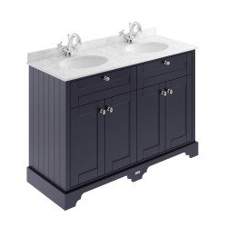 Old London Twilight Blue 1200mm 4 Door Vanity Unit with Grey Marble Top and Double 1 Tap Hole Basins - Main