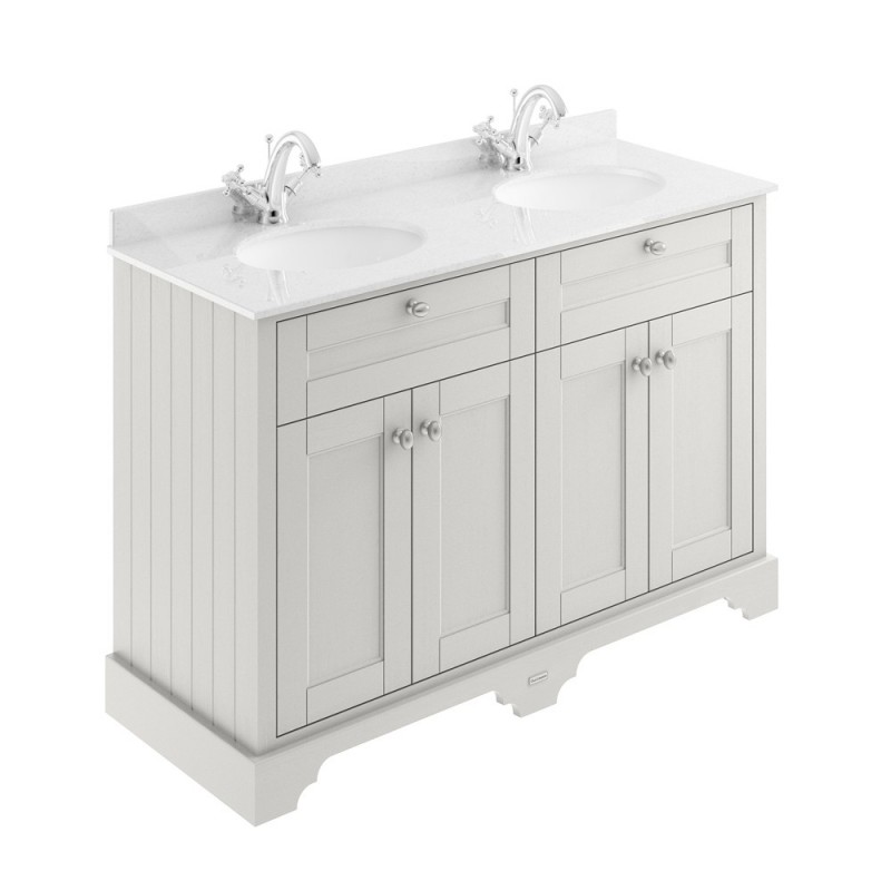 Old London Timeless Sand 1200mm 4 Door Vanity Unit with White Marble Top and Double 1 Tap Hole Basins - Main