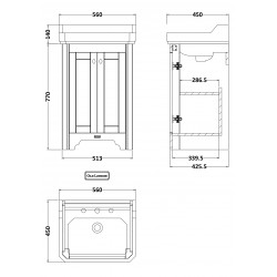 Old London Timeless Sand 560mm 2 Door Vanity Unit and Basin with 2 Tap Holes - Technical Drawing