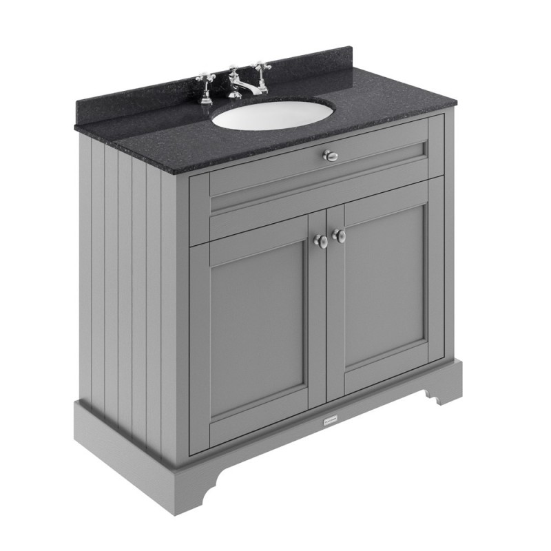 Old London Storm Grey 1000mm 2 Door Vanity Unit with Black Marble Top and Basin with 3 Tap Holes - Main