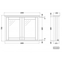 Old London Storm Grey 1050mm 2 Door Mirror Storage Cabinet - Technical Drawing