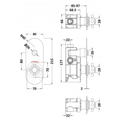 Traditional Push Button Shower Valve with 1 Outlet - Technical Drawing