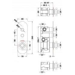 Traditional Push Button Shower Valve with 2 Outlets - Technical Drawing