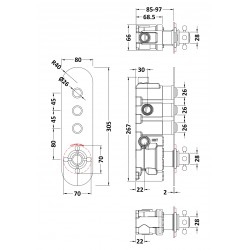 Traditional Push Button Shower Valve with 3 Outlets - Technical Drawing