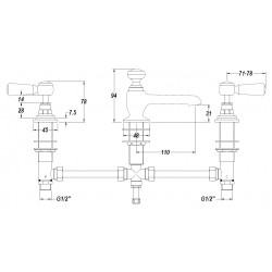 Topaz Black Hex Lever 3 Tap Hole basin mixer - Technical Drawing
