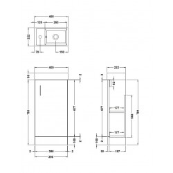 Natural Oak Floor Standing 400mm Cabinet & Basin - Technical Drawing